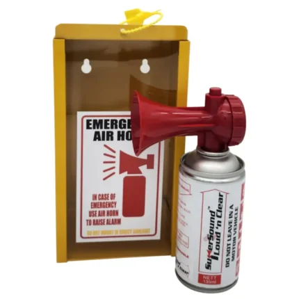 Supersound air horn 135ml with yellow wall mountable metal case 430x430